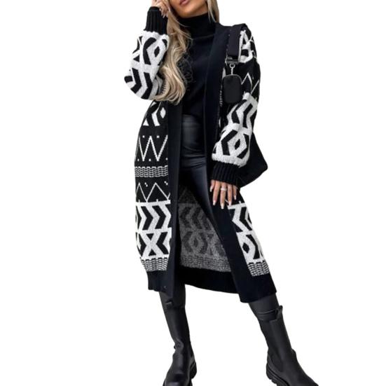 Frauen Herbst Winter Langarm Pullover Strickjacke Farbe Block Geometrie Druck Strickjacke Vorne Offen Stricken Lange Oberbekleidung