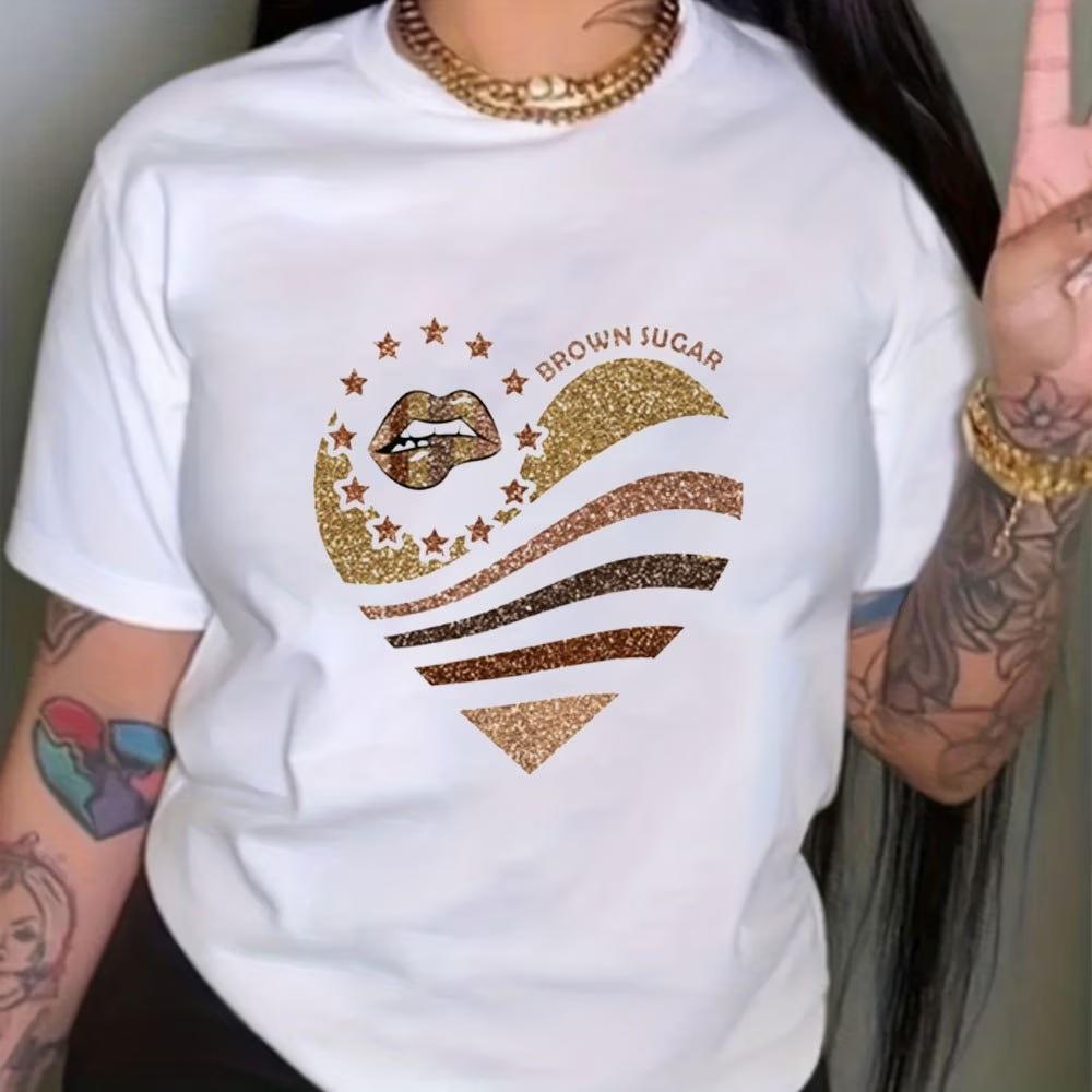 Soft T Shirt Women Heart Lip Graphic Tee Casual Short Sleeve O-neck Summer Tshirt Plus Size Streetwear Daily Basic Tops T Shirts