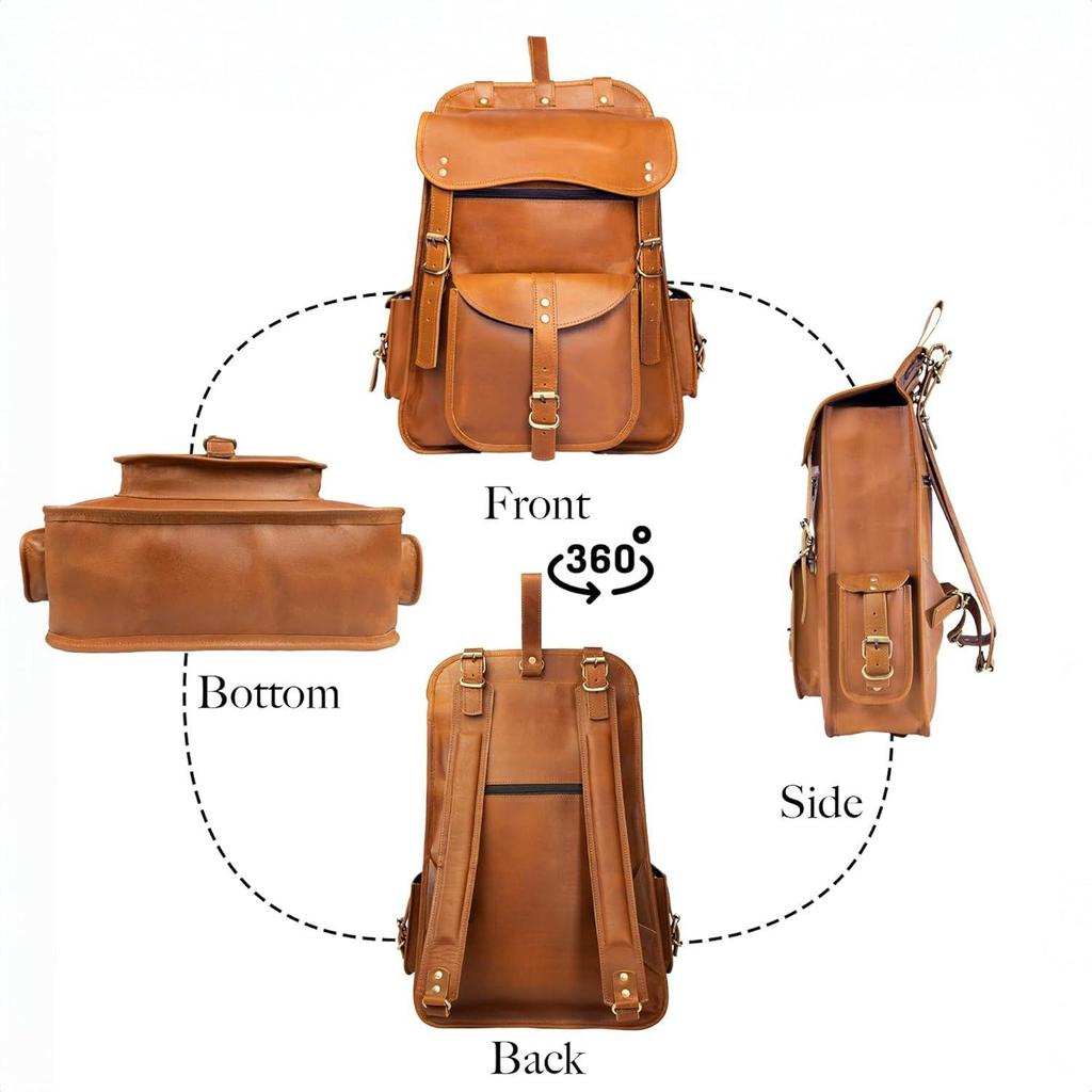 Vintage Full Grain 21 Inch Leather Laptop Large Backpack Casual Bookbag Daypack Camping Travel Rucksack Knapsack
