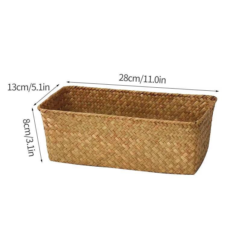 Woven Seagrass Wicker Storage Basket Rectangular Straw Rattan Basket Multipurpose Fruit Cosmetic Sundries Storage Organizer