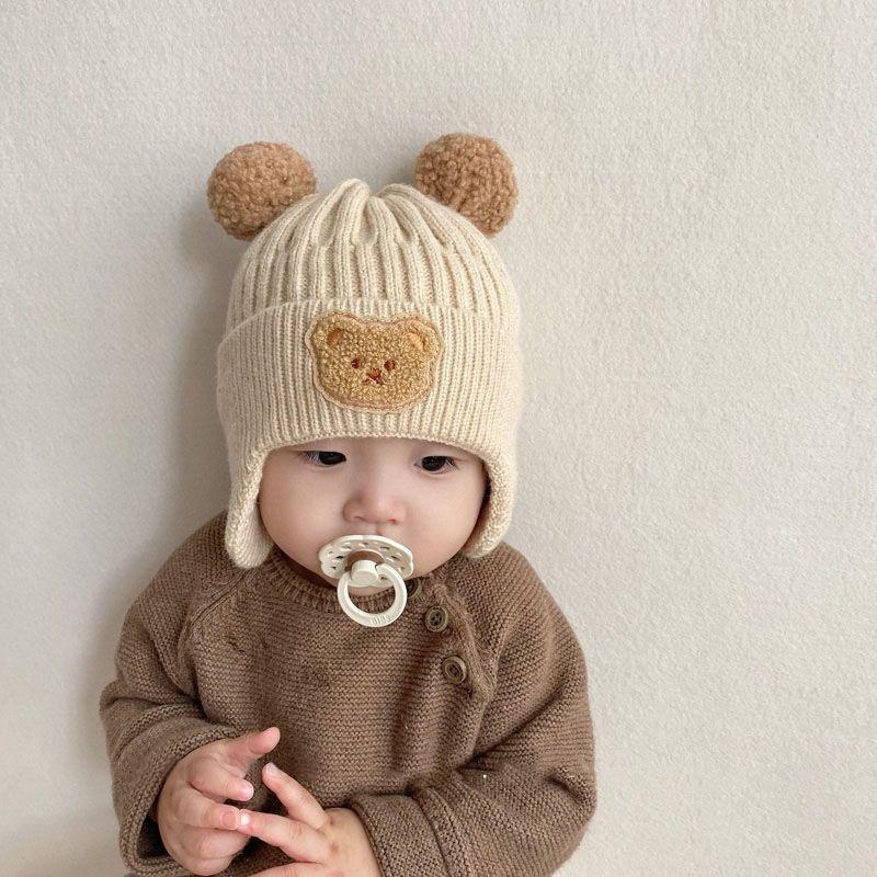 Ny Søt Bjørn Babylue Vinter Høst Varm Strikkeluer Småbarn Enfant Gutt Jente Luer Bonnet Ørebeskyttelse Luer