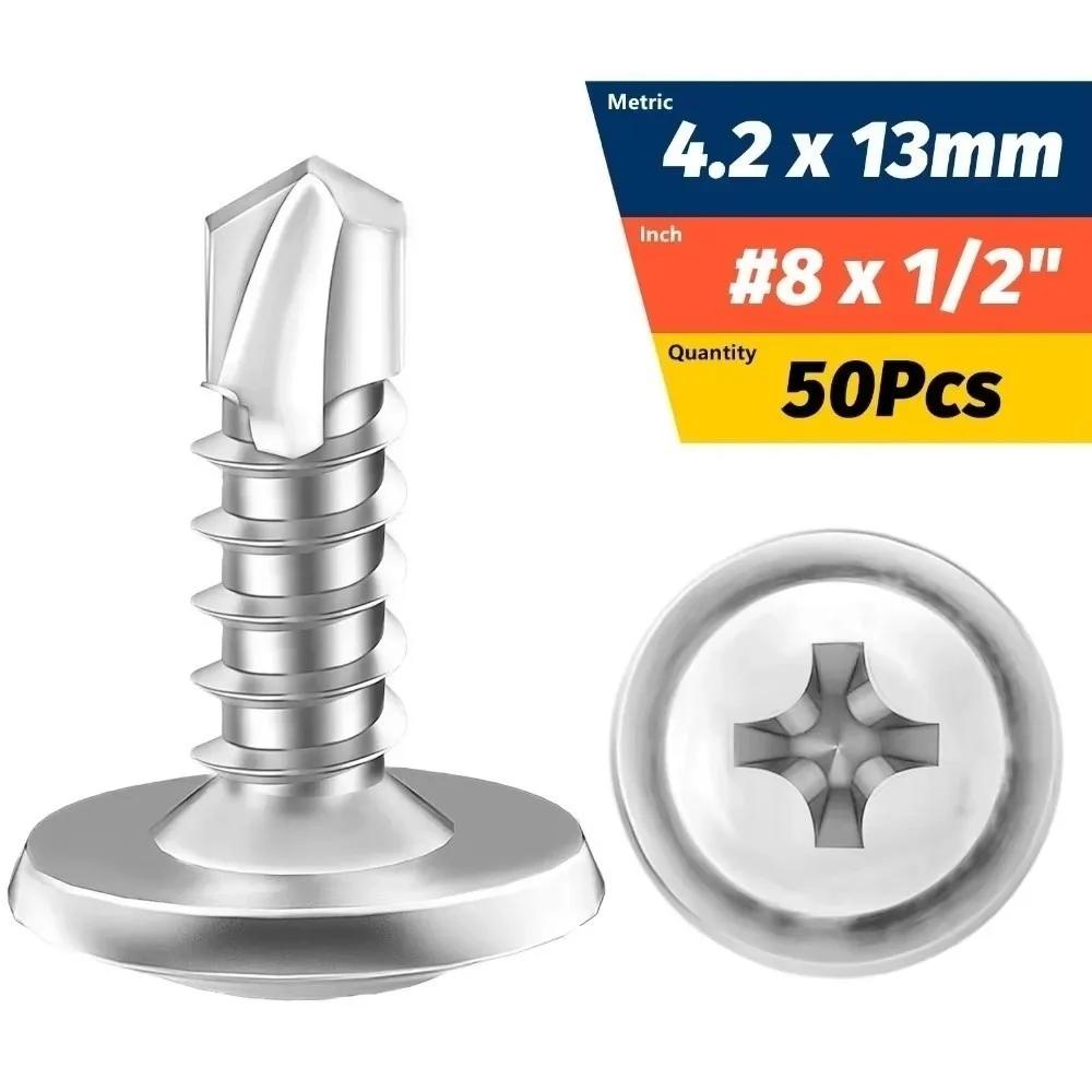 

50PCS Stainless Steel Self Tapping Screws Flat Head Cross Phillips Metal Screws High-Strength Round Washer Self Drilling Screws