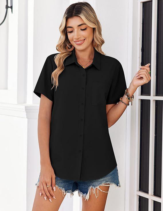 Chemise Boutonnée Manches Courtes Couleur Unie pour Femme - Haut Business Casual/Formel pour le Travail, Collection Printemps/Été 2026
