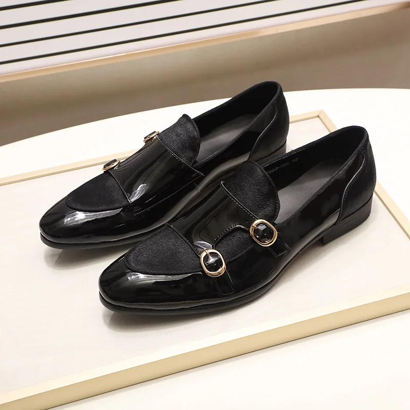 FELIX CHU Men's Patent Leather Monk Strap Dress Shoes Wedding Loafers Horse Hair Detail Casual Formal Party Gentlemen Footwear