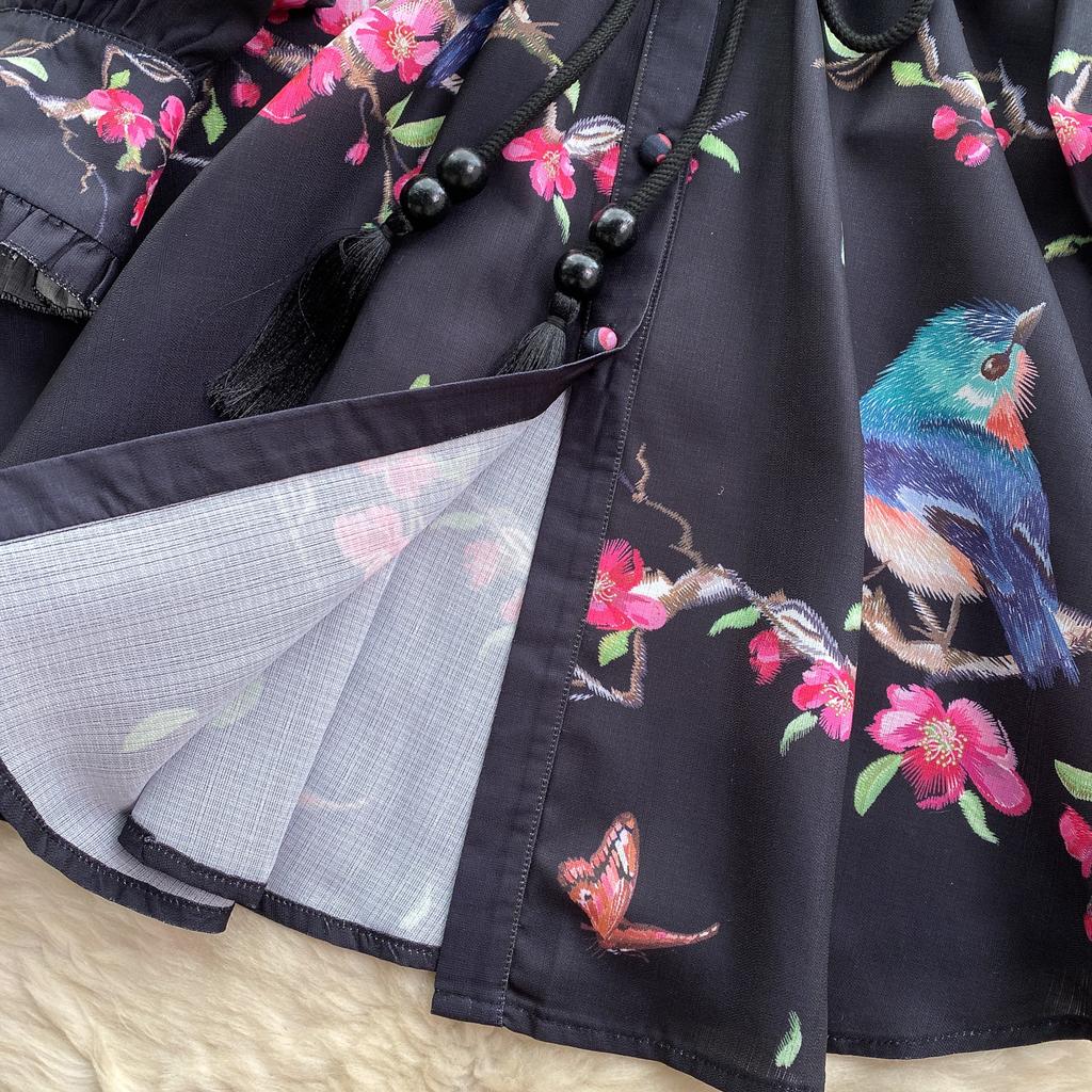 French Chic Retro Vestidos Female Long Sleeve Printed A-line Bodycon Dress Spring Lace-up Pleated Dresses Button Dropshipping