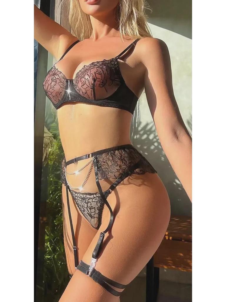 Elegant Embroidered Chain Lingerie Set: Sexy, Sheer, Three-Piece Design for Women