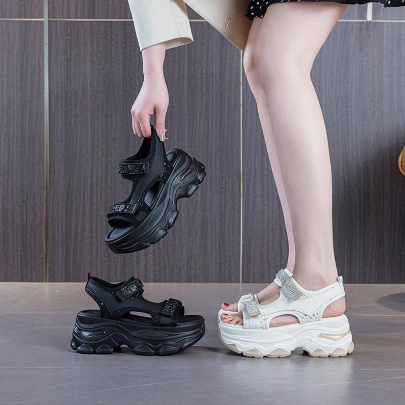 Fashion Rhinestone 7CM  2025 New Genuine Leather Sandals Women Elevator Shoes Comfy Fashion Summer Platform Wedge Ladies Hook&Loop Shoes