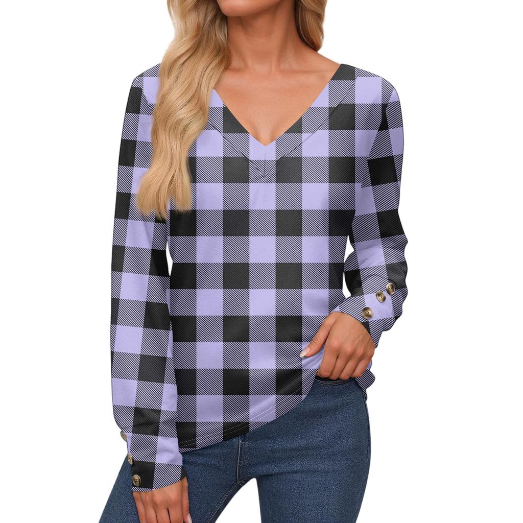 Women's Tops Long Sleeves Cuffs Button Shirt V Neck Casual Loose Tee Plaid, Patchwork Color Tops
