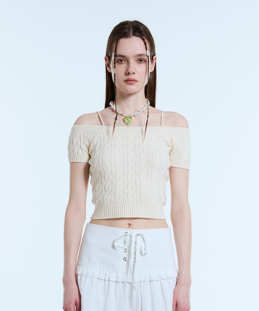 LARTIGENT L11 Cable Off Shoulder Knit(Cream)