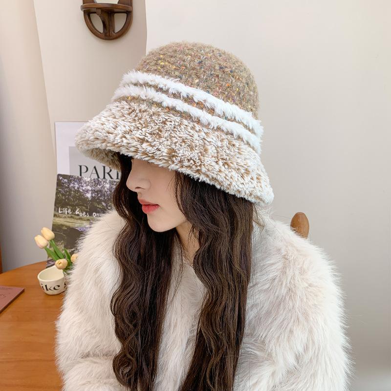 Autumn and Winter New Mixed-color Striped Knitted Hat Plush Bucket Hat Women's Warm Versatile Washbasin Hat