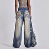 Women's New Washed and Aged Gradient Wing Print Retro Loose Wide Leg Jeans Sub