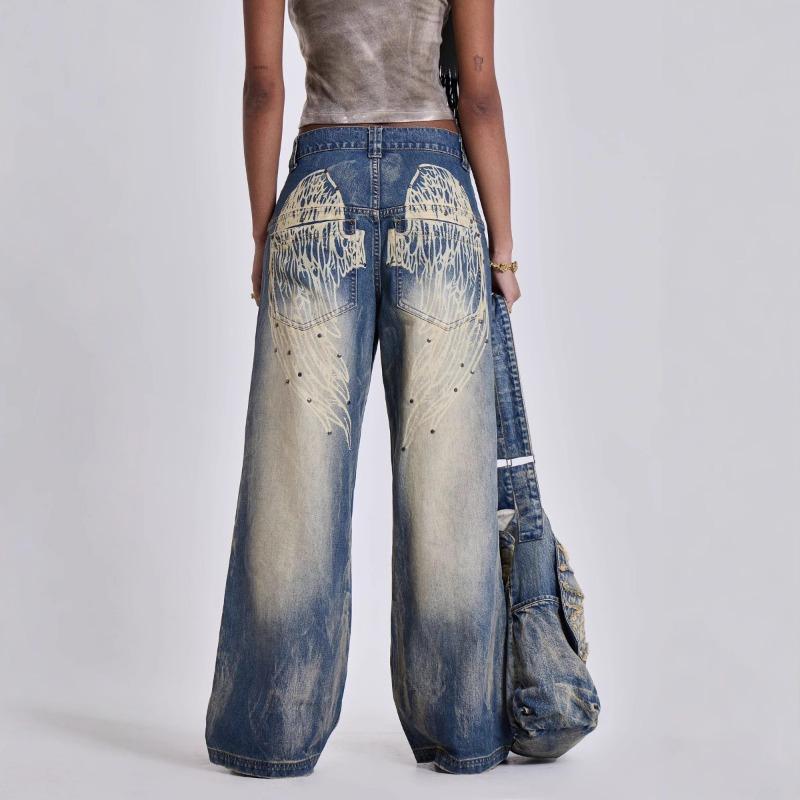Women's New Washed and Aged Gradient Wing Print Retro Loose Wide Leg Jeans Sub