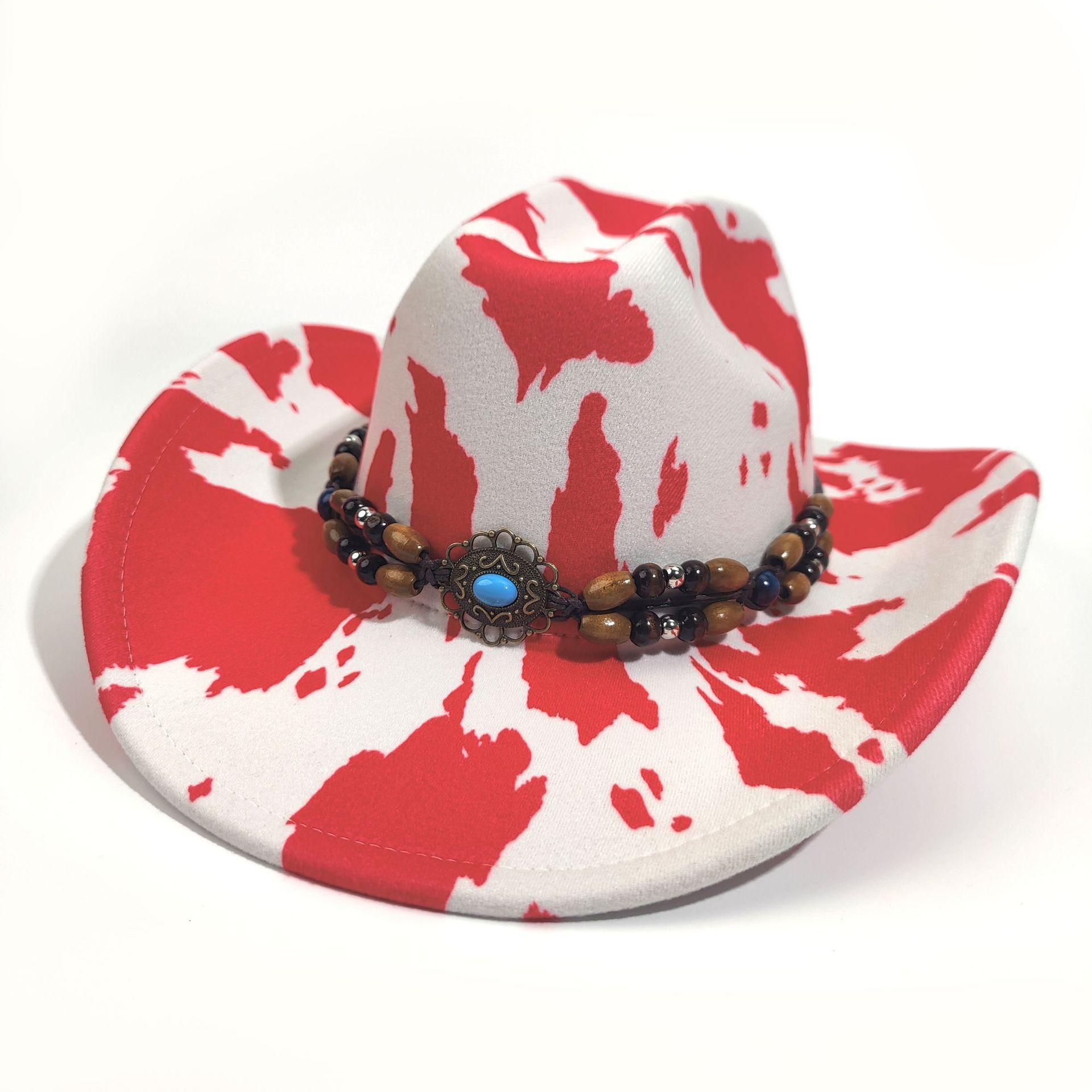 

One-Word Cow Pattern Western Cowboy Hat European And American Retro Famous Style Top Hat Wooden Bead Accessories Versatile Jazz Hat M（56-58cm）
