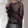 Mesh-Oberteil für Männer, dünn, durchsichtig, glänzendes Pailletten-Netz, O-Ausschnitt, lange Ärmel, einfarbig, dehnbar, lockere Passform, muskelaufbauend, Party, Homewear, Club, Tanz
