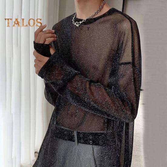 Mesh-Oberteil für Männer, dünn, durchsichtig, glänzendes Pailletten-Netz, O-Ausschnitt, lange Ärmel, einfarbig, dehnbar, lockere Passform, muskelaufbauend, Party, Homewear, Club, Tanz