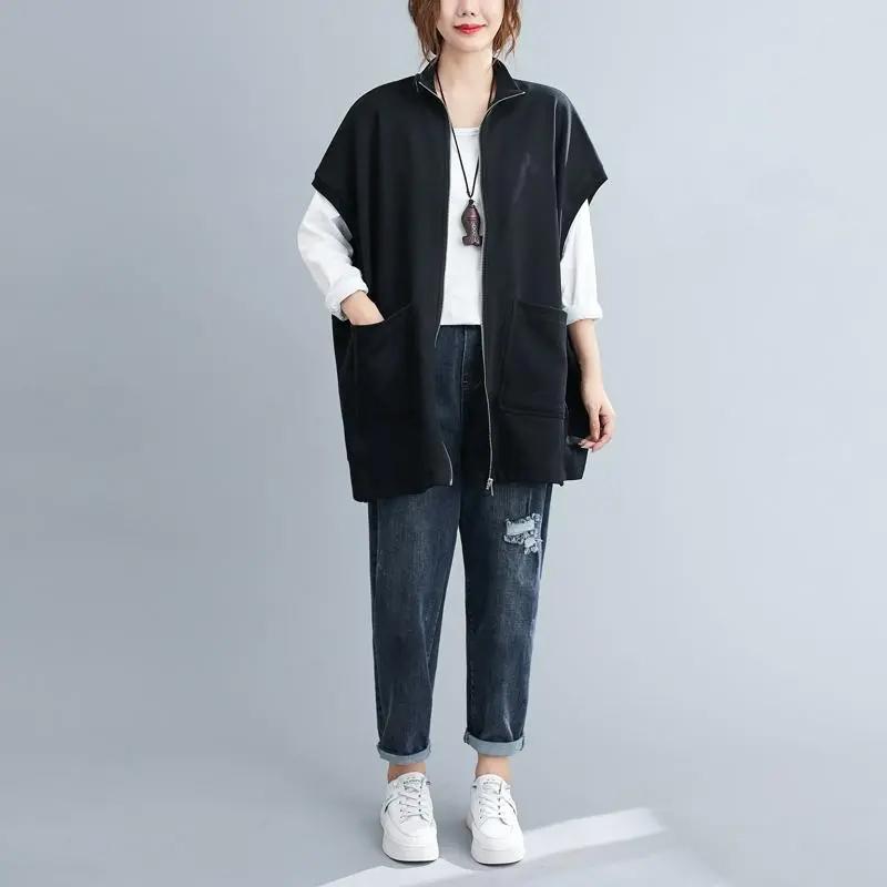 

Жилет женский хлопковый оверсайз осенний однотонный на молнии утолщенный повседневный с V-образным вырезом без рукавов топы куртка XXXXL чёрный