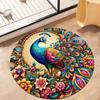 Peacock Pattern Round Area Rug, Bohemian Style Floral Floor Mat, Soft Non-Slip Washable Circle Carpet for Bathroom & Bedroom