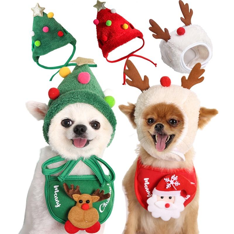 Festive Dog Cat Xmas Hat Bib Set – Red/green/white Polyester