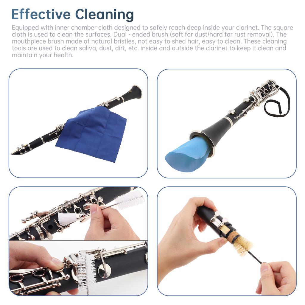 10 Pcs Clarinet Cleaning Kit All In 1 Maintenance Care Set with Inner Cloth Mouthpiece Brush Cork Grease Storage Case