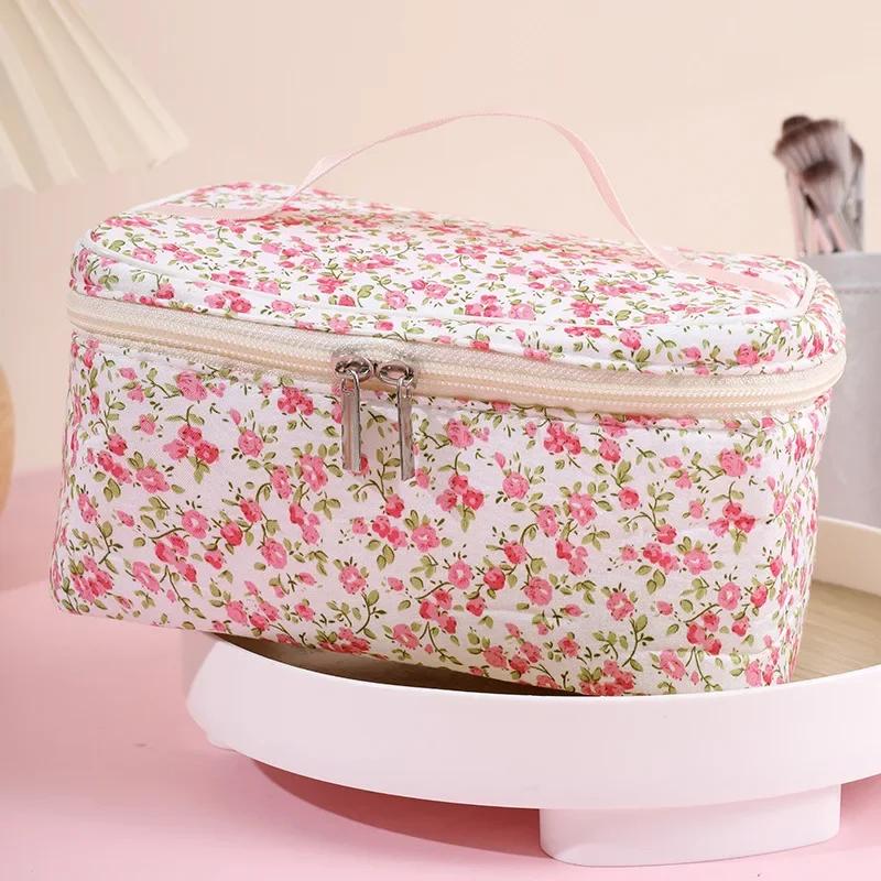 Women Cotton Makeup Bags Vintage Cosmetic Case Flower Large Capacity Tote Portable Cosmetic Storage Handbag Travel Organizer Bag