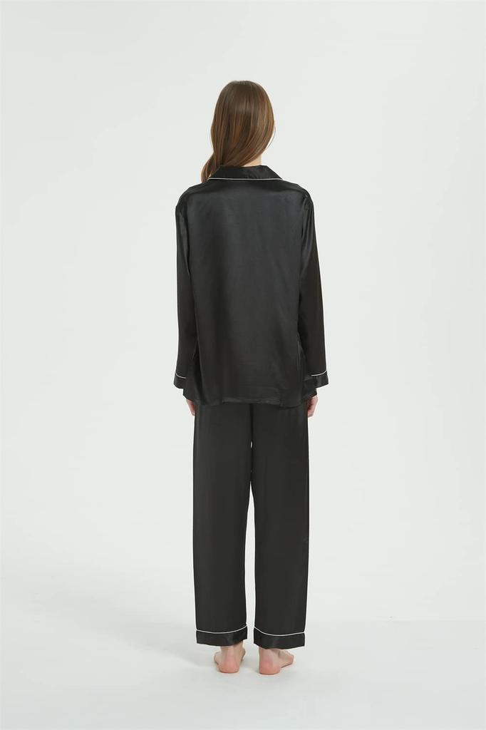 KUMASEN Silk and Satin Pajama Long Open Size M Women's Set, Loungewear, Sleeves, Front, Black,
