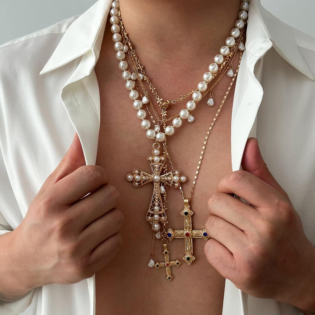 Ingemark Vintage Creative Big Imitation Pearl Jesus Cross Pendant Choker Necklace for Men Luxury Adjustable Chain Grunge Jewelry