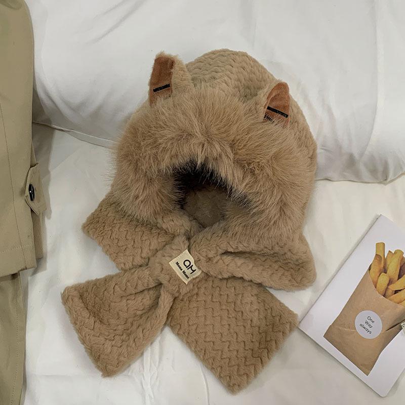 Women's Autumn/Winter Cute Puppy Ears Plush Hat and Scarf Set - Warm, Stylish, and Face-Slimming.