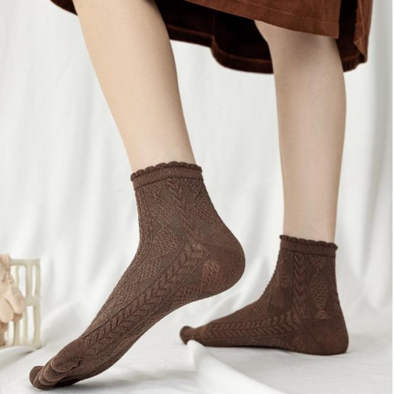 6 Pairs Women Spring and Autumn Pure Cotton Five Finger Socks Retro Solid Color Lace Striped Split Toe Socks Vintage Comfortable Socks