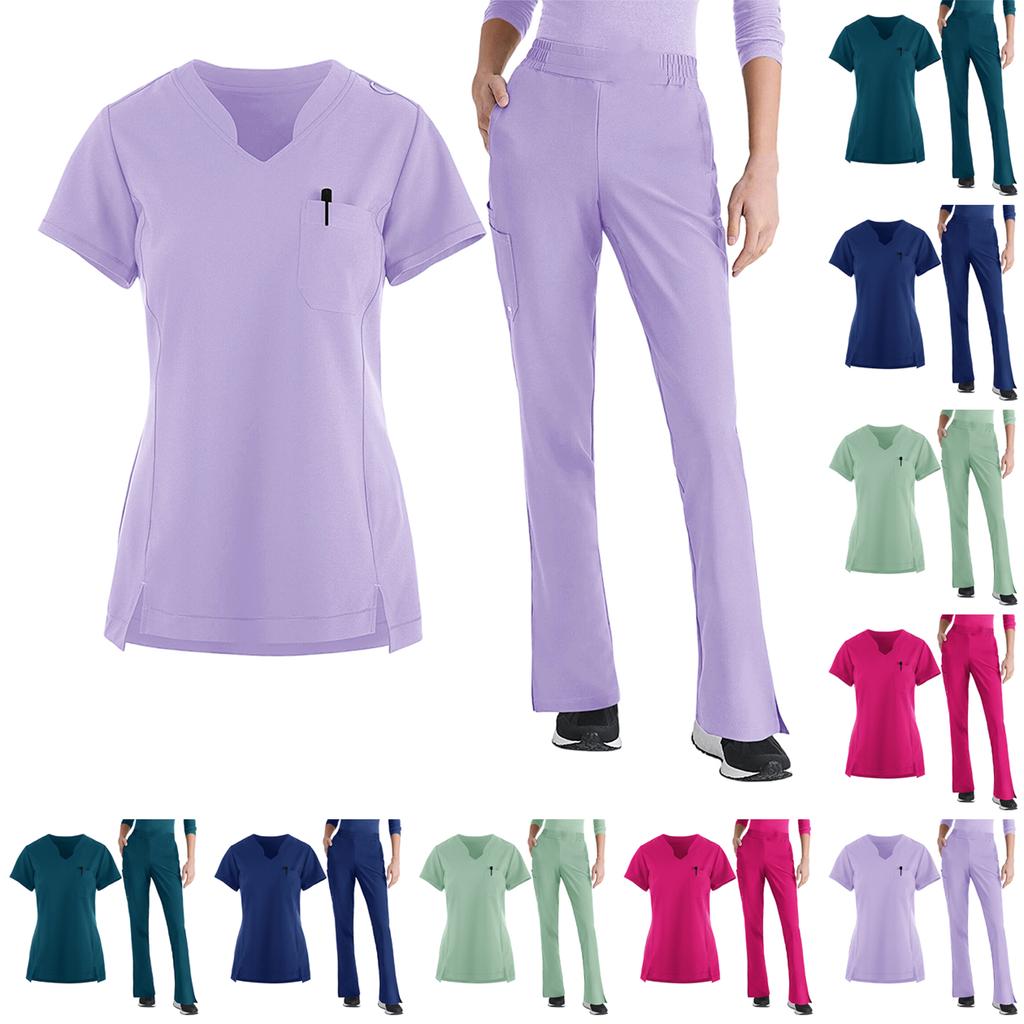 Women's Loose And Comfortable V-neck Short Sleeved Workwear With Tie Up Top And Waist Cinching Beauty Suit Set