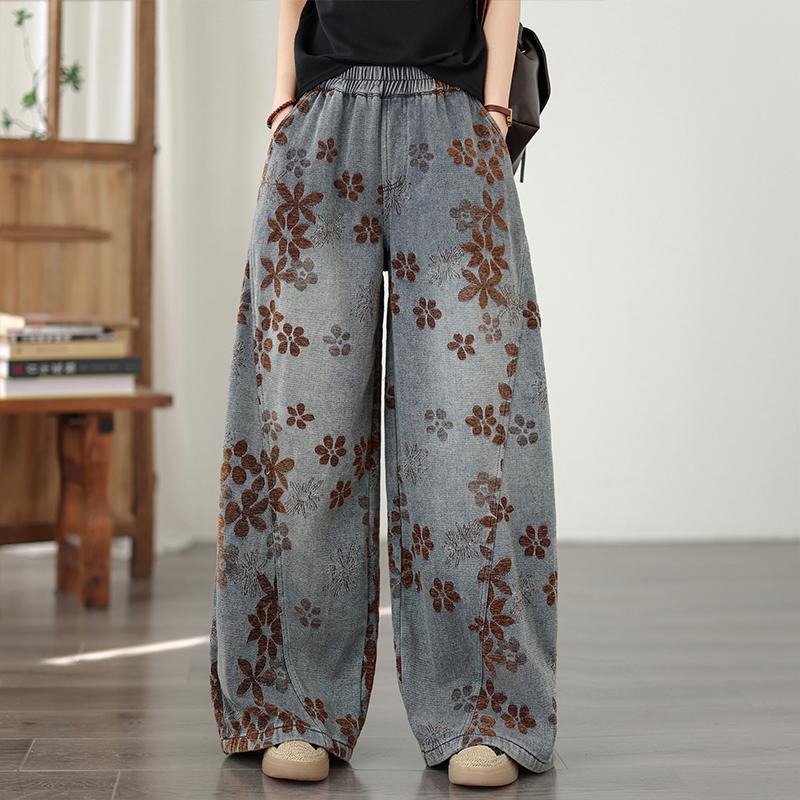 DIMANAF 2026 Summer New Plus Size Women Jeans Vintage Floral Elastic Waist Long Pants Loose Casual Denim Cotton Trousers Pants