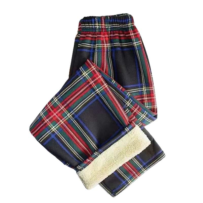 Women's Lambswool Plaid Fleece-Lined High-Waisted Loose Straight-Leg Wide-Leg Pants for Autumn/Winter 2025