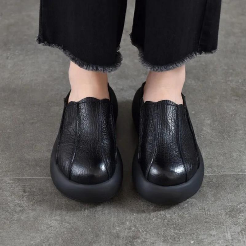 Johnature Vintage Genuine Leather Thick Soled Outdoor Slippers Round Toe Women's Slip-on Shoes