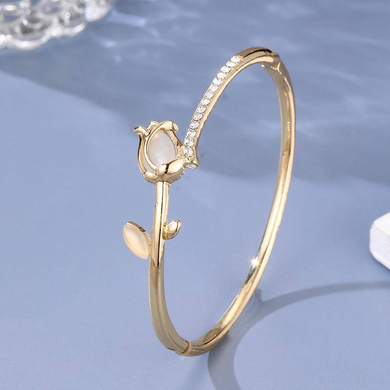 Korean Exquisite Opal Tulip Bracelet For Women Light Luxury Shiny Zircon Elegant Flower Bangle Party Banquet Charm Zircon Gifts