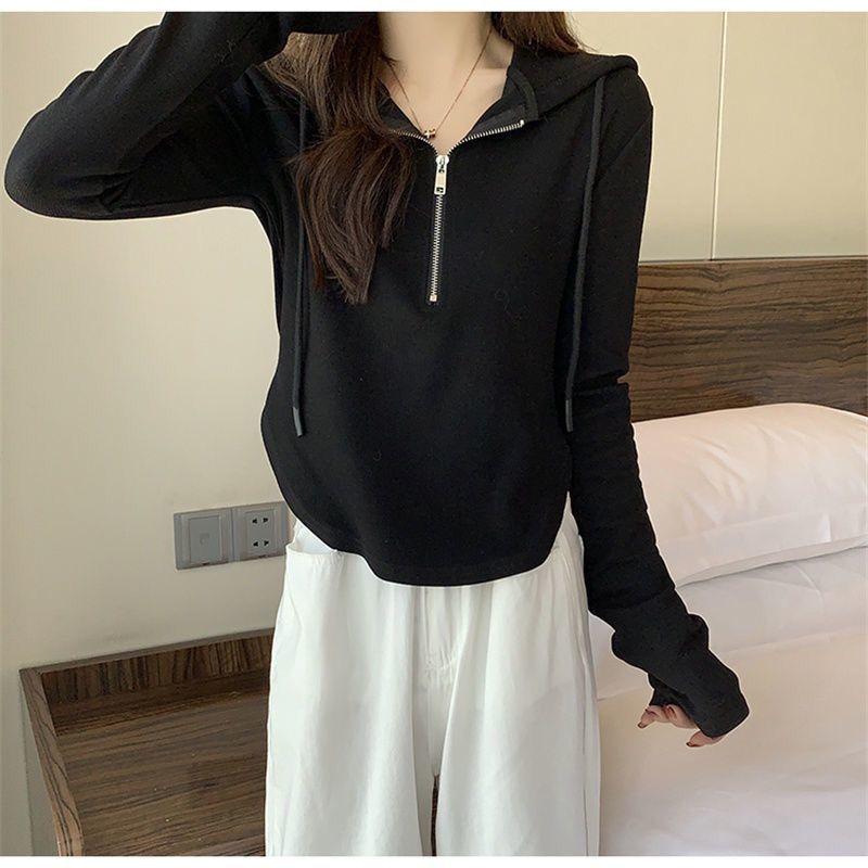 Women‘s Hooded Long Sleeve Half Zip Slim Fit Pullover Top Casual Solid Basic Tee