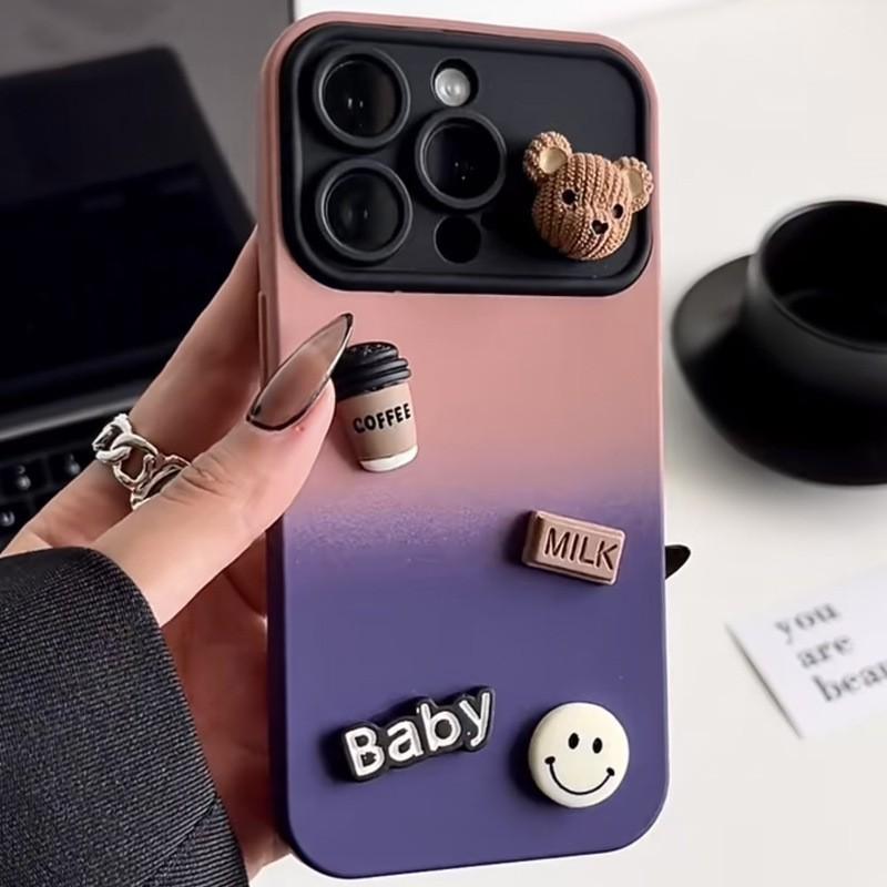 Matte Silicone Phone Case IPhone 15 14 13 Pro Max With Gradient Window 3D Bear Design Anti-Slip Shockproof Full Cover