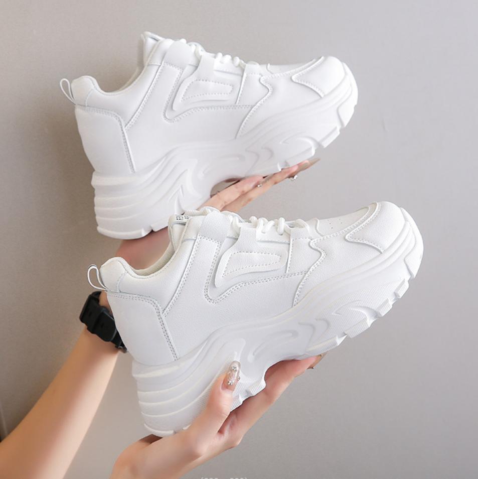 White Platform Women's Sneakers  Spring Lace-Up Thick Bottom Vulcanize Shoes Woman Pu Leather Breathable Sports Shoes Ladies