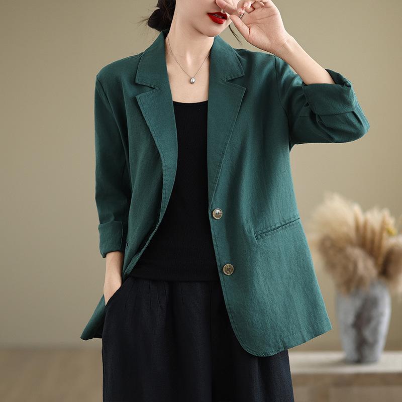Autumn New Cotton and Linen Artistic Loose Fitting Suit Collar Long Sleeved Small Suit Jacket Tempering Women's Top