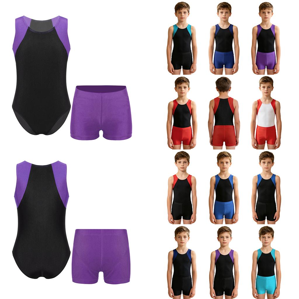 Dětská chlapecká kombinéza Unitard bez rukávů s šortkami Gymnastic Workout Biketard Trikot