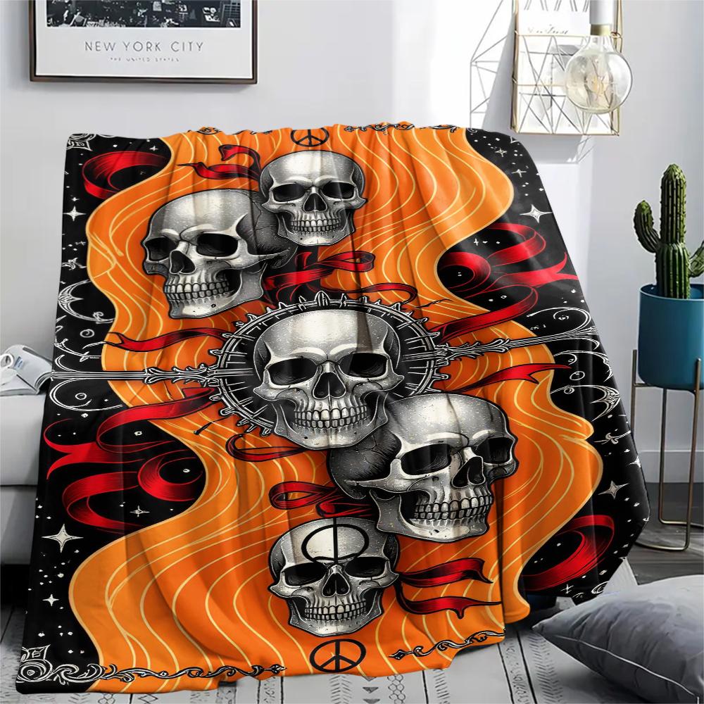 1Pc Skull Head Print Flannel Blanket, High Quality Comfortable for All Seasons, Home Decor, Warmth and Comfort, Perfect for Gifts