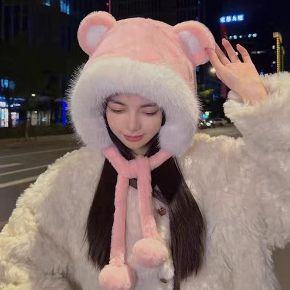 Women Winter Warm Kawaii Fur Imitation Mink Plush Hat Thickened Cute Bear Ear Japanese Bomber Hat Ear Protection Cap Gifts
