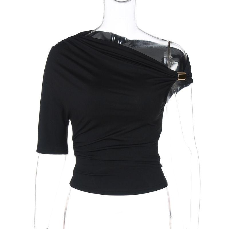 

Shemoda Модный Стиль Стильная Футболка с Диагональным Воротником на Одно Плечо с Короткими Рукавами Женская Плиссированная с Высокой Посадкой Стрейч Слим Сексуальные Топы Black L