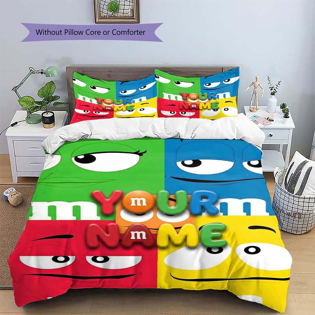 M&M's Custom Name Pattern Bedding,Quilt Set Quilt Cover Pillowcase Home Birthday Gift(1 * duvet cover + 2 * pillowcase, without core)
