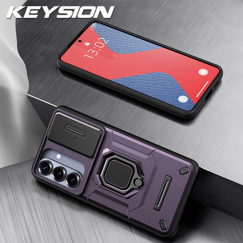 KEYSION Shockproof Armor Case for Samsung S26 Ultra 5G Slide Camera Lens Protection Ring Stand Phone Cover for Galaxy S26+ Plus