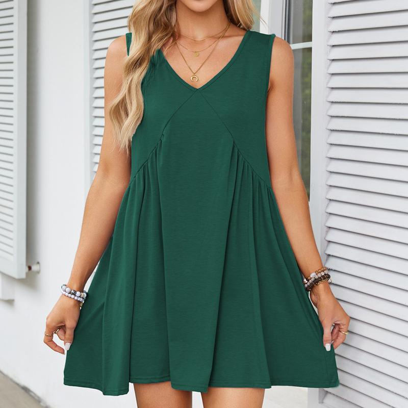Women's Fashion Solid Colour V-Neck Sleeveless Pleated Vest Pocket Dresses