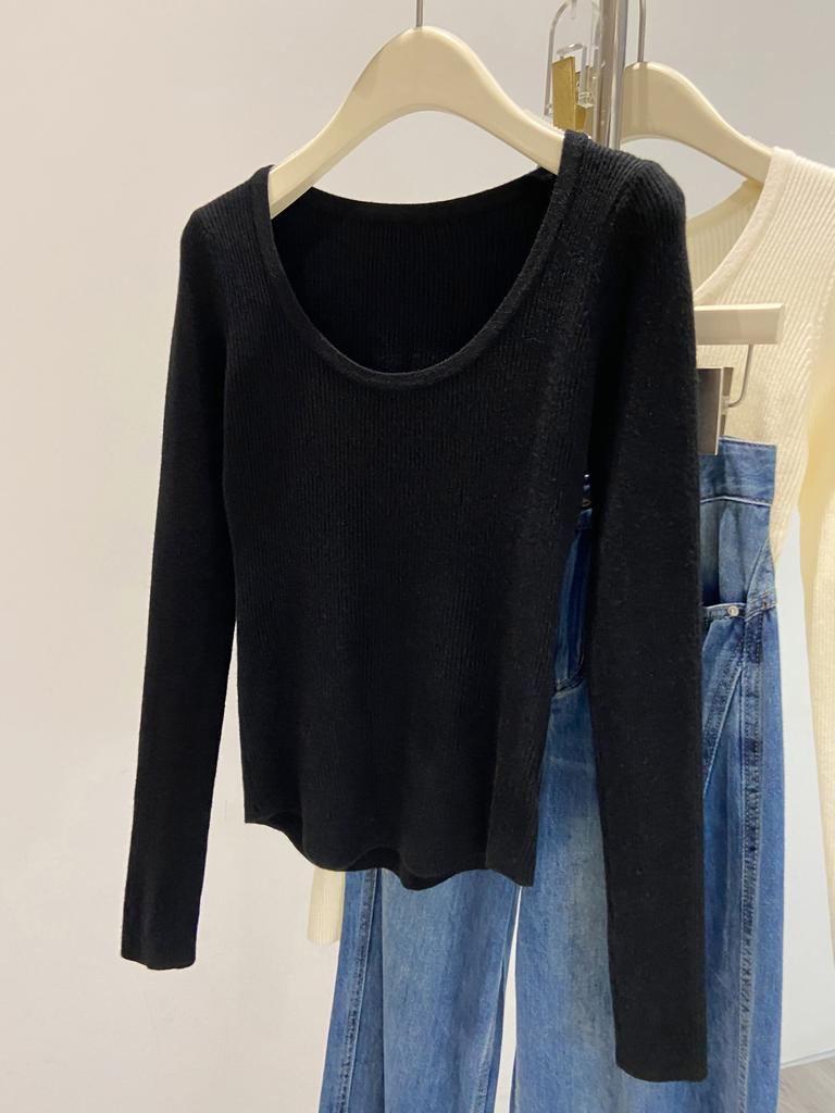 Retro u-neck knitted sweater bottoming sweater women's autumn and winter soft waxy long-sleeved front shoulder slim-fitting and thin inner top