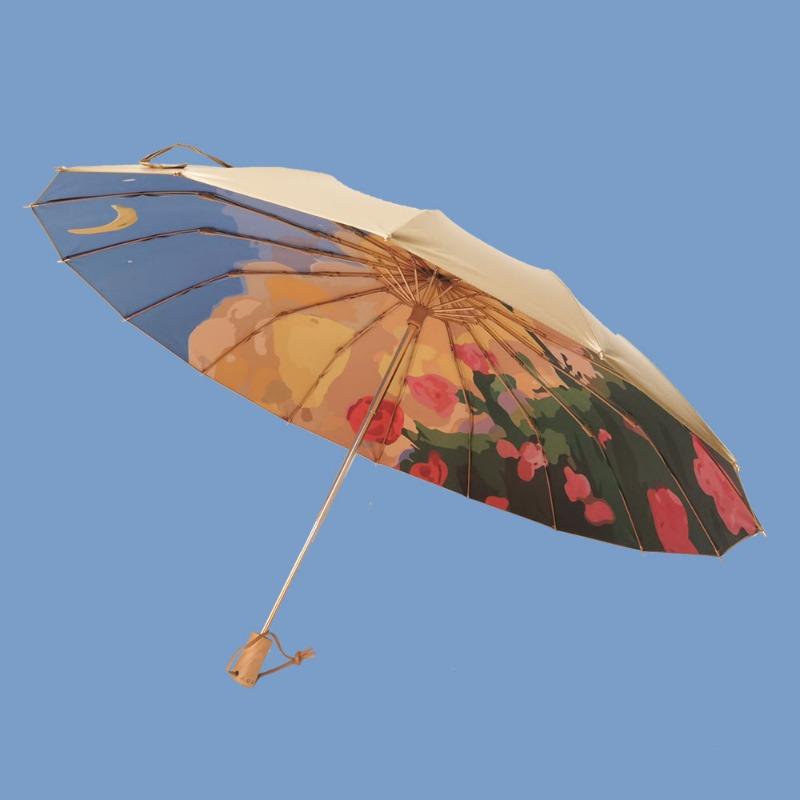 New creative three-fold 16-bone titanium hand-opened umbrella retro solid wood handle parasol sun umbrella