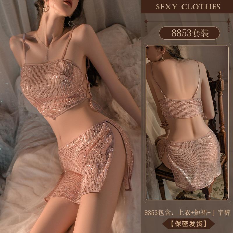 Erotic Underwear, Sexy Sequined Mesh Belly Band, slit Short Skirt, Pure Desire Uniform, Seductive Pajamas Set 8853