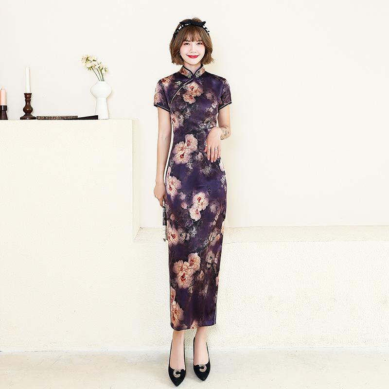 1011 New summer and autumn long cheongsam skirt women's dress slim-fit performance performance Chinese style satin