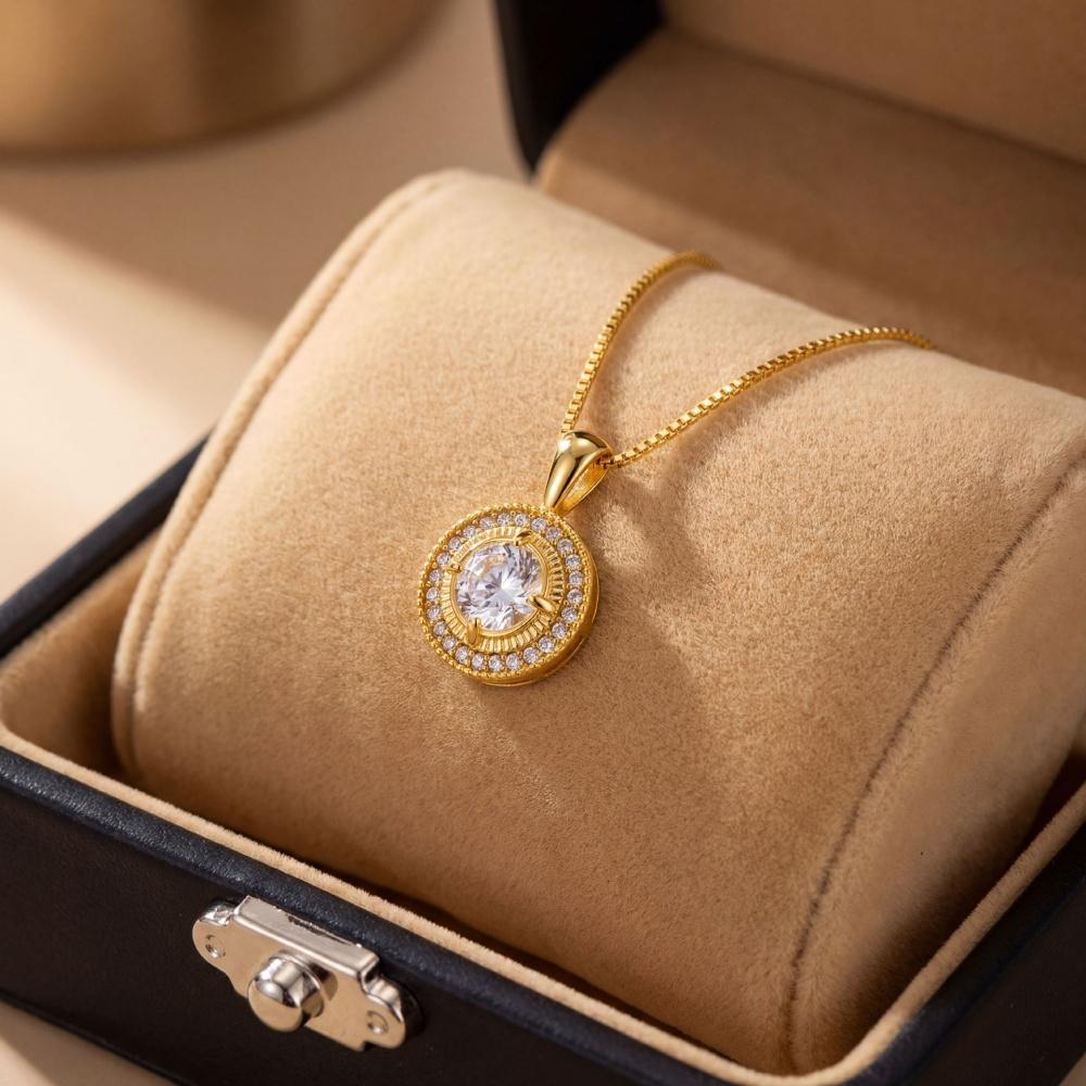 Elegant Female Crystal White Zircon Stone Round Pendant Necklace Vintage Gold Color Wedding Jewelry For Women