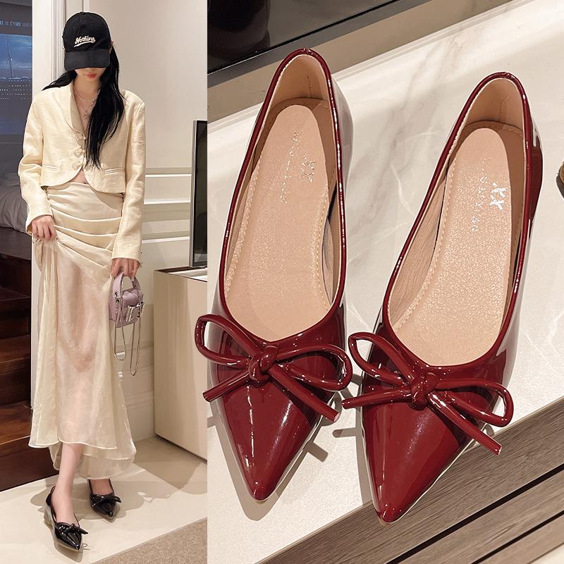 Fashion Spring Autumn Patent Leather Woman Flats Shoes Ballets Metal Buckle Bow Lady Fall Girl Ballerina Dress Pointed Toe Flats Shoes